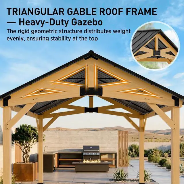 Alt view image 6 of 7 - 11x13 Hardtop Gazebo, Exposed Beam Rustic Gazebo, Galvanized Steel Gable Roof with Cedar Wood Frame, Outdoor Pavilion for Patio, Deck, Lawn and Garden Natural Wood/Black
