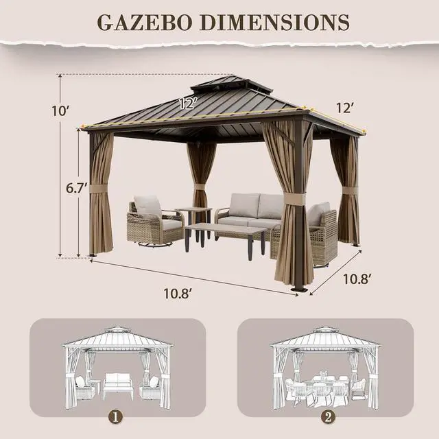 Alt view image 3 of 7 - 12x12 Hardtop Gazebo, Galvanized Steel Double Roof with Aluminum Frame, Outdoor Pavilion with Netting and Curtains for Patio, Deck, Lawn and Garden, Dark Brown/Tan