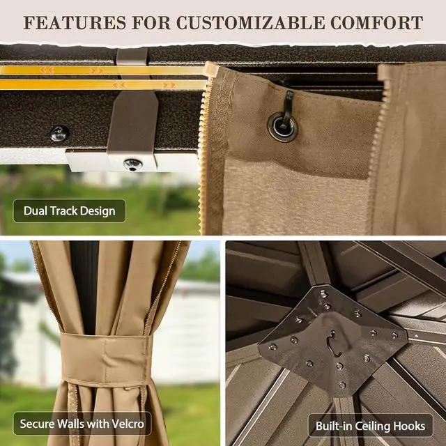 Alt view image 4 of 7 - 12x12 Hardtop Gazebo, Galvanized Steel Double Roof with Aluminum Frame, Outdoor Pavilion with Netting and Curtains for Patio, Deck, Lawn and Garden, Dark Brown/Tan
