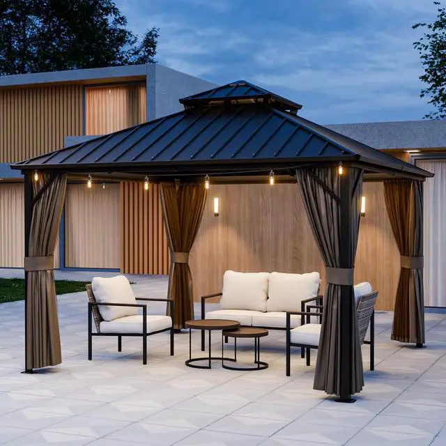 Alt view image 7 of 7 - 12x12 Hardtop Gazebo, Galvanized Steel Double Roof with Aluminum Frame, Outdoor Pavilion with Netting and Curtains for Patio, Deck, Lawn and Garden, Dark Brown/Tan