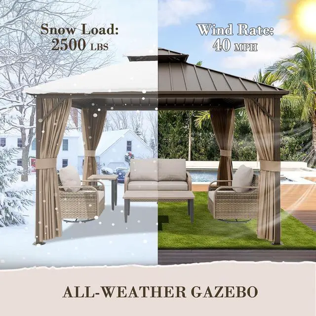 Alt view image 6 of 7 - 12x12 Hardtop Gazebo, Galvanized Steel Double Roof with Aluminum Frame, Outdoor Pavilion with Netting and Curtains for Patio, Deck, Lawn and Garden, Dark Brown/Tan