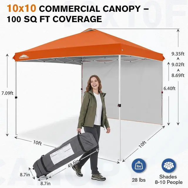 Alt view image 3 of 7 - Commercial Canopy 10x10 Pop Up Canopy Tent with 1 Sidewall, Easy Setup Heavy Duty Instant Event Shelter for Vendors & Markets, Outdoor Sun Shade, Orange