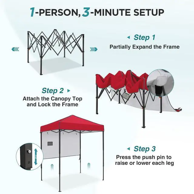 Alt view image 2 of 7 - 6x4 Instant Pop Up Canopy Tent with 1 Half Wall Panel, Straight Leg Sun Shelter, Portable Canopy with Carry Bag for Camping, Beach & Sports, Red