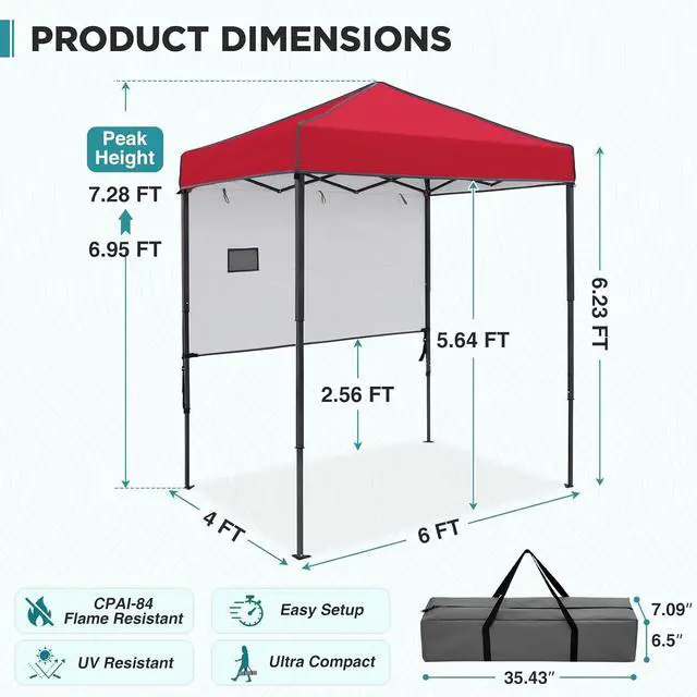 Alt view image 3 of 7 - 6x4 Instant Pop Up Canopy Tent with 1 Half Wall Panel, Straight Leg Sun Shelter, Portable Canopy with Carry Bag for Camping, Beach & Sports, Red