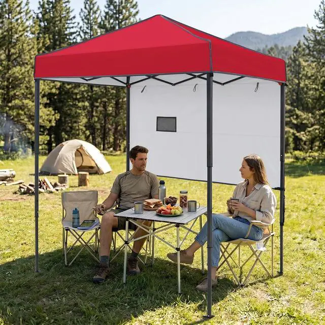 Alt view image 5 of 7 - 6x4 Instant Pop Up Canopy Tent with 1 Half Wall Panel, Straight Leg Sun Shelter, Portable Canopy with Carry Bag for Camping, Beach & Sports, Red