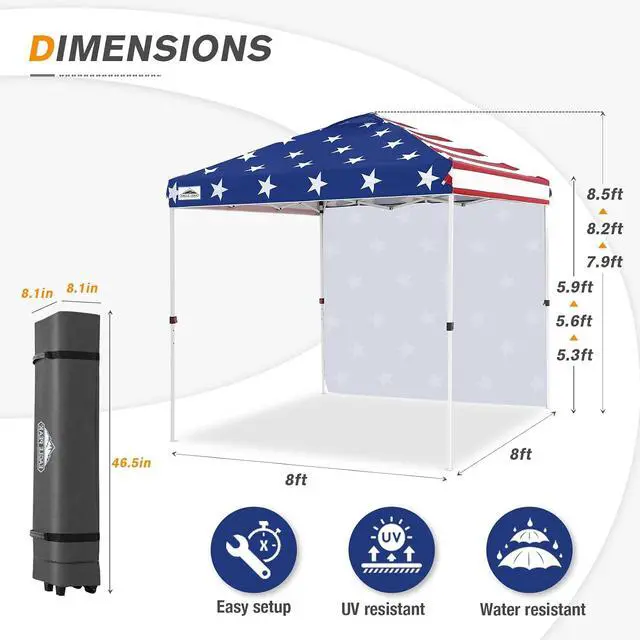 Alt view image 3 of 7 - Commercial Canopy 8x8 Pop Up Canopy Tent with 1 Sidewall, Easy Setup Heavy Duty Instant Event Shelter for Vendors & Markets, Outdoor Sun Shade, American Flag