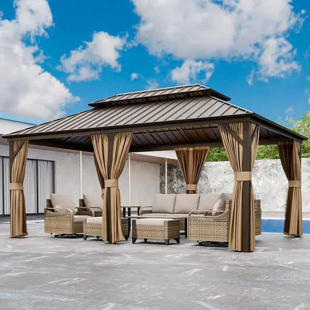 Main image of 12x18 Hardtop Gazebo, Galvanized Steel Double Roof with Aluminum Frame, Outdoor Pavilion with Netting and Curtains for Patio, Deck, Lawn and Garden, Dark Brown/Tan