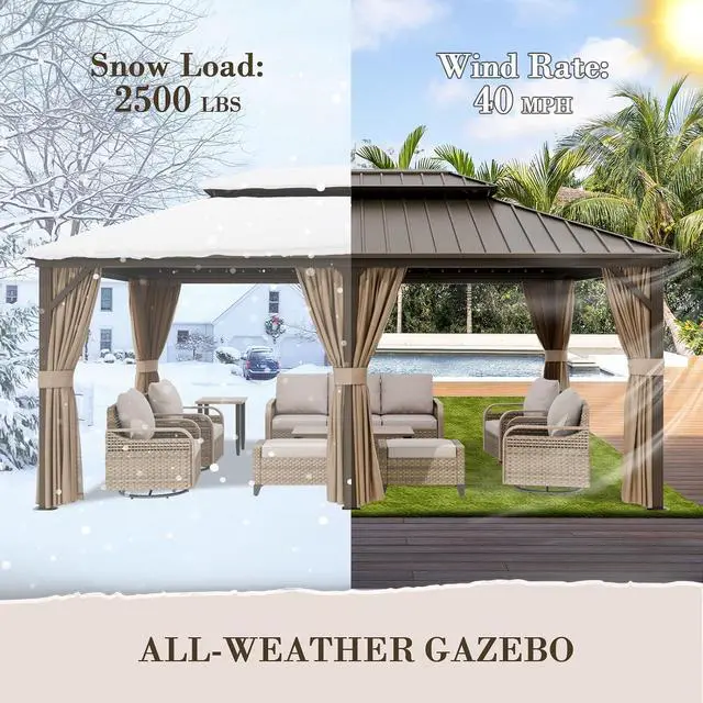 Alt view image 6 of 7 - 12x18 Hardtop Gazebo, Galvanized Steel Double Roof with Aluminum Frame, Outdoor Pavilion with Netting and Curtains for Patio, Deck, Lawn and Garden, Dark Brown/Tan