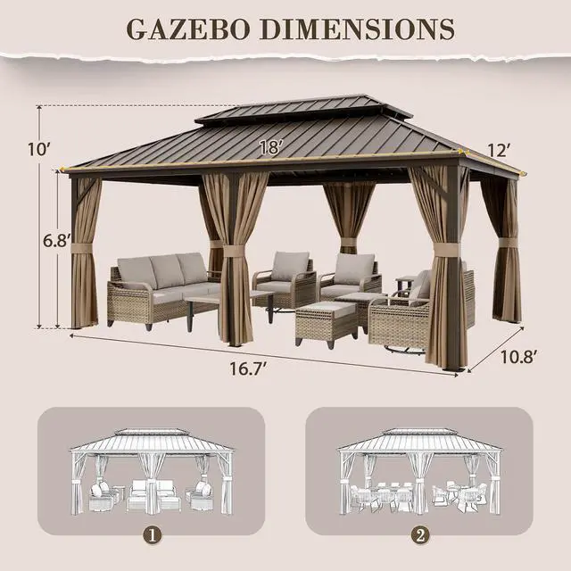 Alt view image 3 of 7 - 12x18 Hardtop Gazebo, Galvanized Steel Double Roof with Aluminum Frame, Outdoor Pavilion with Netting and Curtains for Patio, Deck, Lawn and Garden, Dark Brown/Tan