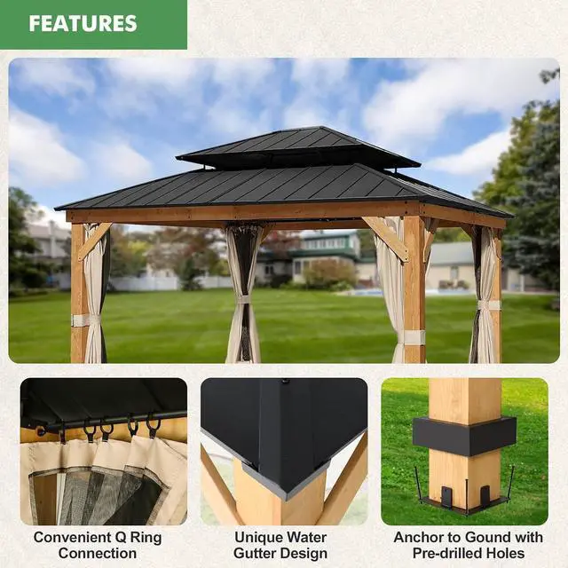 Alt view image 2 of 7 - 13x15 Hardtop Gazebo, Galvanized Steel Double Roof Gazebo with Cedar Wood Frame, Outdoor Pavilion with Netting and Curtains for Patio, Deck, Lawn and Garden, Natural Wood/Black