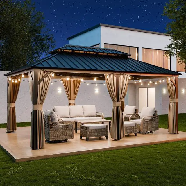 Alt view image 7 of 7 - 12x18 Hardtop Gazebo, Galvanized Steel Double Roof with Aluminum Frame, Outdoor Pavilion with Netting and Curtains for Patio, Deck, Lawn and Garden, Dark Brown/Tan