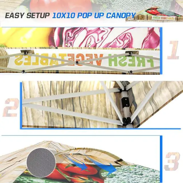 Alt view image 7 of 7 - Pop Up Canopy Tent with Wheeled Carry Bag, 8 Stakes, 4 Ropes, 4 Weight Bags, Easy Set Up Tent Canopy, 10x10 ft, 100sqft of Shade, Vegetable Stand