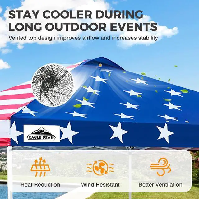 Alt view image 2 of 7 - Pop Up Canopy Tent with Wheeled Carry Bag, 8 Stakes, 4 Ropes, 4 Weight Bags, Easy Set Up Tent Canopy, 10x10 ft, 100sqft of Shade, American Flag