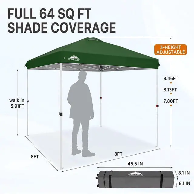 Alt view image 3 of 7 - Pop Up Canopy Tent with Wheeled Carry Bag, 8 Stakes, 4 Ropes, Easy Set Up Tent Canopy, 8x8 ft, Green