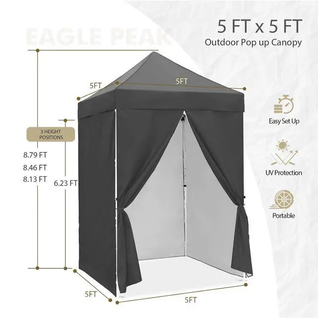 Alt view image 3 of 7 - 5x5 Instant Canopy with 4-Side Wall Panels, Small Pop up Portable Canopy Tent with Carry Bag, Light Weight Sun Shelter for Sports, Camping and Beach, Gray