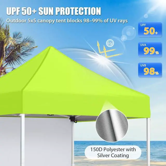Alt view image 2 of 7 - Pop up Canopy 5x5, Outdoor Portable Canopy Tent with One Removable Sunwall, Carry Bag Included, Neon Green