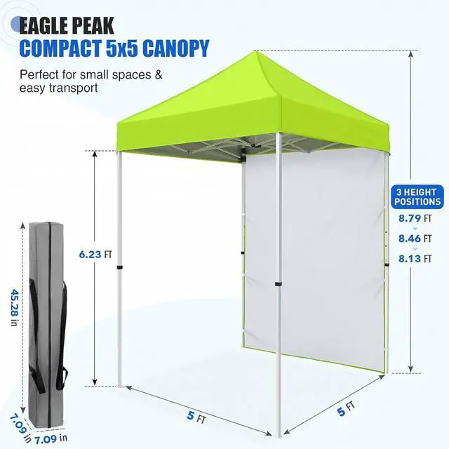 Alt view image 3 of 7 - Pop up Canopy 5x5, Outdoor Portable Canopy Tent with One Removable Sunwall, Carry Bag Included, Neon Green