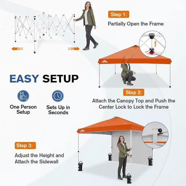 Alt view image 6 of 7 - Commercial Canopy 10x10 Pop Up Canopy Tent with 1 Sidewall, Easy Setup Heavy Duty Instant Event Shelter for Vendors & Markets, Outdoor Sun Shade, Orange