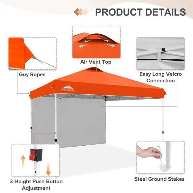 Alt view image 6 of 7 - Commercial Canopy 12x12 Pop Up Canopy Tent with 1 Sidewall, Easy Setup Heavy Duty Instant Event Shelter for Vendors & Markets, Outdoor Sun Shade, Orange