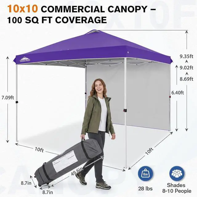 Alt view image 3 of 7 - Commercial Canopy 10x10 Pop Up Canopy Tent with 1 Sidewall, Easy Setup Heavy Duty Instant Event Shelter for Vendors & Markets, Outdoor Sun Shade, Purple
