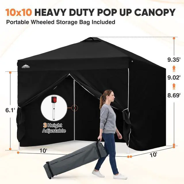 Alt view image 3 of 7 - 10x10 Commercial Pop Up Canopy Tent with 4 Sidewalls, Anti-Pooling Umbrella-Rib Roof, Easy 1-Person Setup, Vented Top, Wheeled Bag & Anchor Kit Markets, Festivals & Events, Black