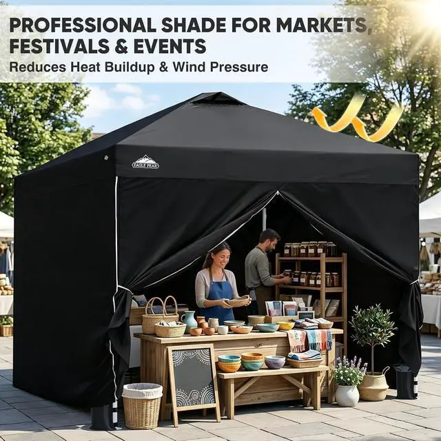 Alt view image 4 of 7 - 10x10 Commercial Pop Up Canopy Tent with 4 Sidewalls, Anti-Pooling Umbrella-Rib Roof, Easy 1-Person Setup, Vented Top, Wheeled Bag & Anchor Kit Markets, Festivals & Events, Black