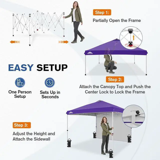 Alt view image 6 of 7 - Commercial Canopy 10x10 Pop Up Canopy Tent with 1 Sidewall, Easy Setup Heavy Duty Instant Event Shelter for Vendors & Markets, Outdoor Sun Shade, Purple