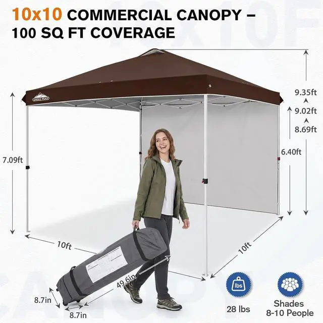 Alt view image 3 of 7 - Commercial Canopy 10x10 Pop Up Canopy Tent with 1 Sidewall, Easy Setup Heavy Duty Instant Event Shelter for Vendors & Markets, Outdoor Sun Shade, Brown
