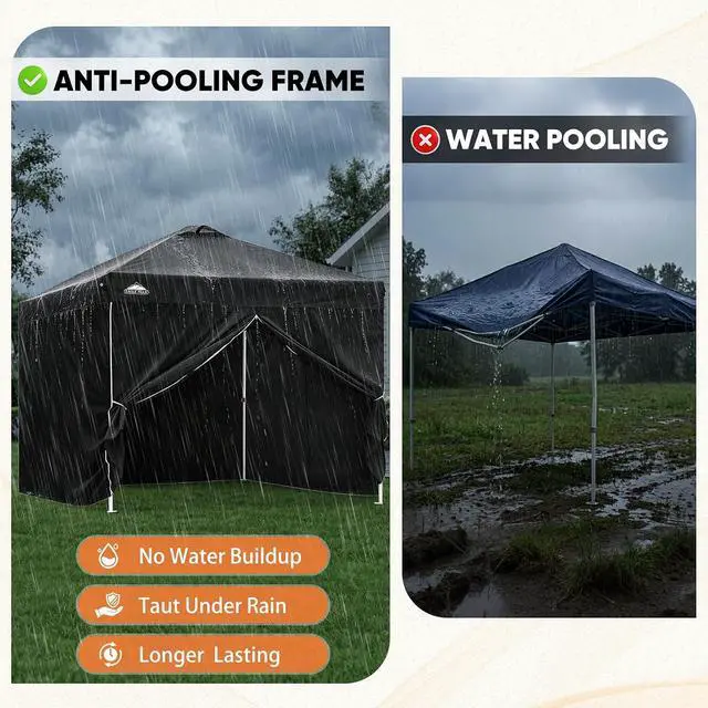 Alt view image 6 of 7 - 10x10 Commercial Pop Up Canopy Tent with 4 Sidewalls, Anti-Pooling Umbrella-Rib Roof, Easy 1-Person Setup, Vented Top, Wheeled Bag & Anchor Kit Markets, Festivals & Events, Black