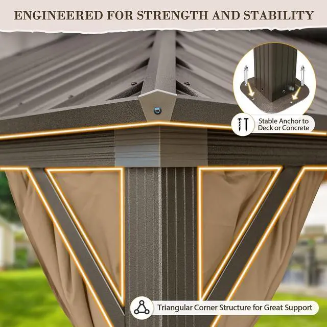 Alt view image 5 of 7 - 12x14 Hardtop Gazebo, Galvanized Steel Double Roof with Aluminum Frame, Outdoor Pavilion with Netting and Curtains for Patio, Deck, Lawn and Garden, Dark Brown/Tan