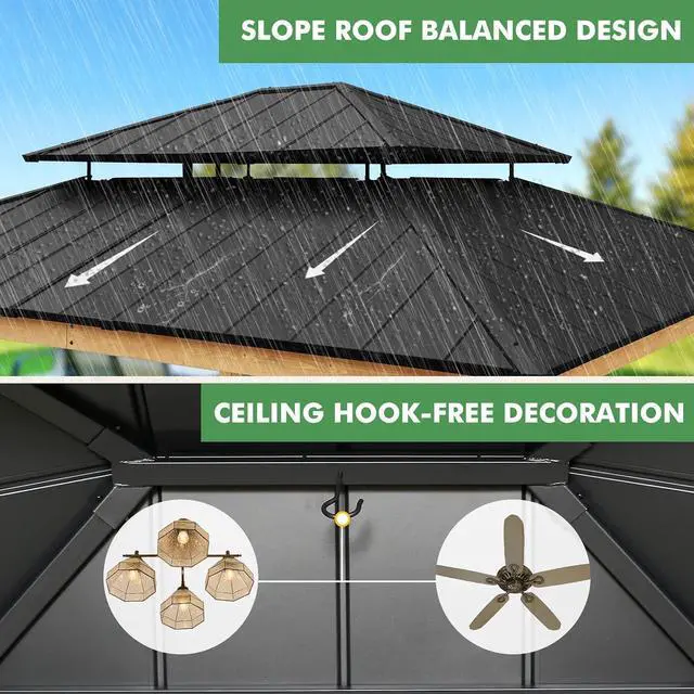Alt view image 6 of 7 - 13x15 Hardtop Gazebo, Galvanized Steel Double Roof Gazebo with Cedar Wood Frame, Outdoor Pavilion with Netting and Curtains for Patio, Deck, Lawn and Garden, Natural Wood/Black