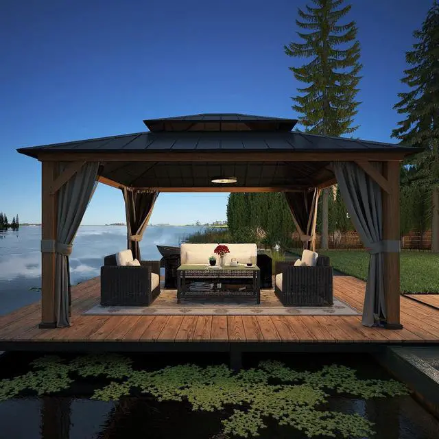 Alt view image 5 of 7 - 13x15 Hardtop Gazebo, Galvanized Steel Double Roof Gazebo with Cedar Wood Frame, Outdoor Pavilion with Netting and Curtains for Patio, Deck, Lawn and Garden, Natural Wood/Black