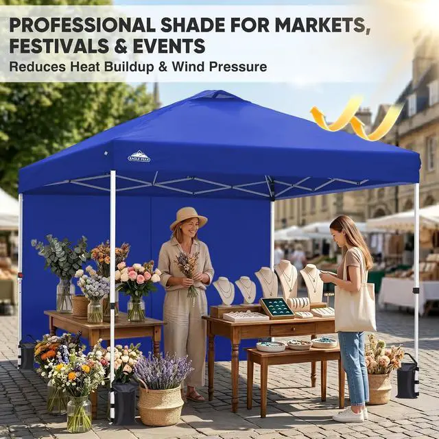 Alt view image 4 of 7 - 10x10 Commercial Pop Up Canopy Tent with Sidewall, Anti-Pooling Umbrella-Rib Roof, Easy 1-Person Setup, Vented Top, Wheeled Bag & Anchor Kit Markets, Festivals & Events, Blue