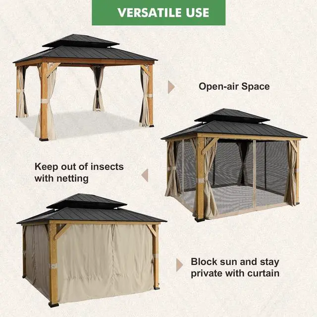 Alt view image 7 of 7 - 13x15 Hardtop Gazebo, Galvanized Steel Double Roof Gazebo with Cedar Wood Frame, Outdoor Pavilion with Netting and Curtains for Patio, Deck, Lawn and Garden, Natural Wood/Black