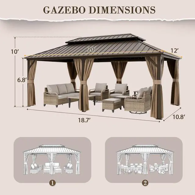Alt view image 3 of 7 - 12x20 Hardtop Gazebo, Galvanized Steel Double Roof with Aluminum Frame, Outdoor Pavilion with Netting and Curtains for Patio, Deck, Lawn and Garden, Dark Brown/Tan