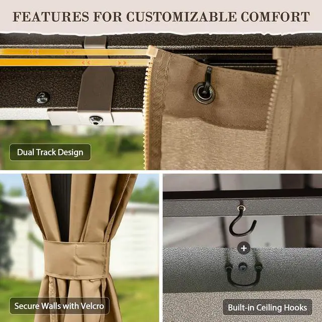 Alt view image 4 of 7 - 12x18 Hardtop Gazebo, Galvanized Steel Double Roof with Aluminum Frame, Outdoor Pavilion with Netting and Curtains for Patio, Deck, Lawn and Garden, Dark Brown/Tan