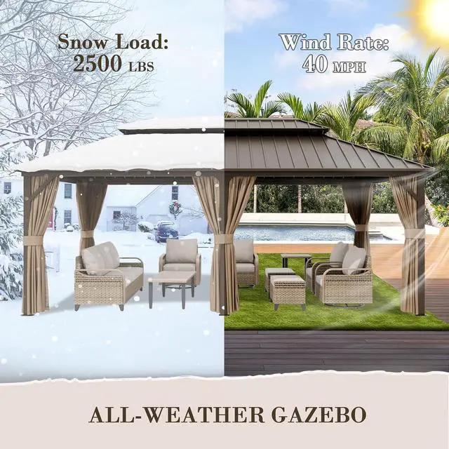 Alt view image 6 of 7 - 12x20 Hardtop Gazebo, Galvanized Steel Double Roof with Aluminum Frame, Outdoor Pavilion with Netting and Curtains for Patio, Deck, Lawn and Garden, Dark Brown/Tan