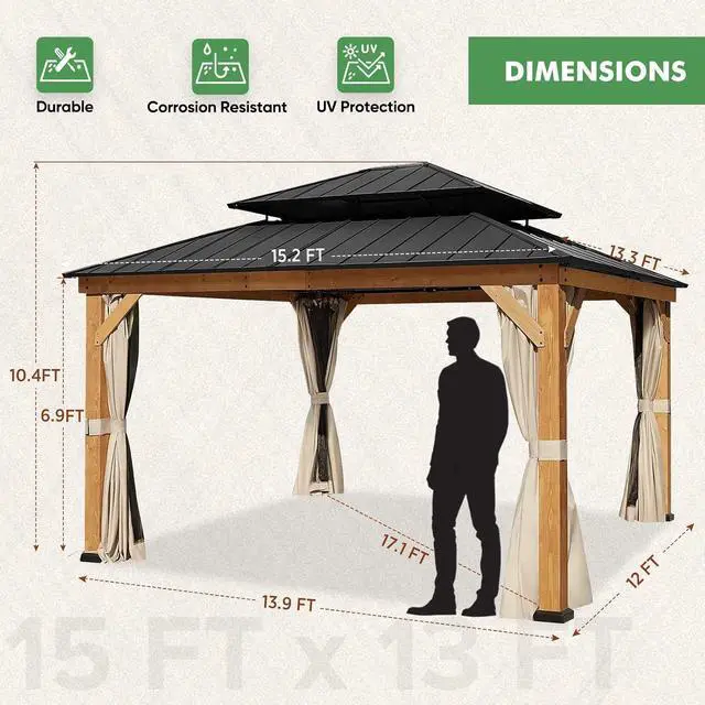 Alt view image 4 of 7 - 13x15 Hardtop Gazebo, Galvanized Steel Double Roof Gazebo with Cedar Wood Frame, Outdoor Pavilion with Netting and Curtains for Patio, Deck, Lawn and Garden, Natural Wood/Black