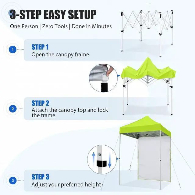 Alt view image 7 of 7 - Pop up Canopy 5x5, Outdoor Portable Canopy Tent with One Removable Sunwall, Carry Bag Included, Neon Green