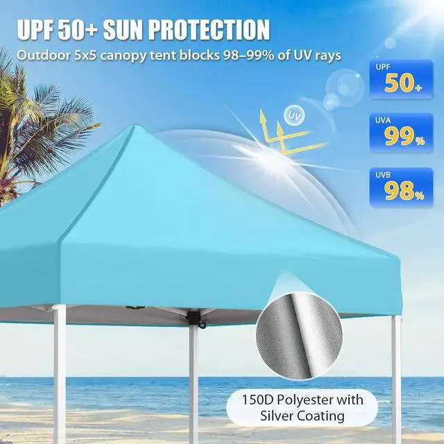 Alt view image 2 of 7 - 5x5 Pop Up Canopy Tent Instant Outdoor Canopy Easy Set-up Straight Leg Folding Shelter, Light Blue