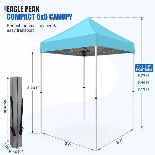 Alt view image 3 of 7 - 5x5 Pop Up Canopy Tent Instant Outdoor Canopy Easy Set-up Straight Leg Folding Shelter, Light Blue