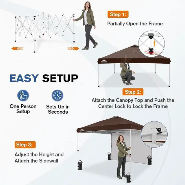 Alt view image 6 of 7 - Commercial Canopy 10x10 Pop Up Canopy Tent with 1 Sidewall, Easy Setup Heavy Duty Instant Event Shelter for Vendors & Markets, Outdoor Sun Shade, Brown