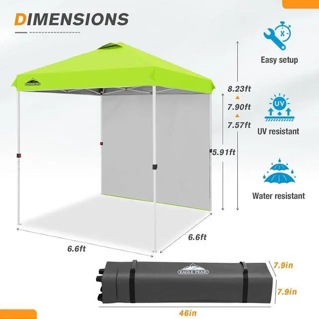 Alt view image 3 of 7 - Commercial Canopy 6.6x6.6 Pop Up Canopy Tent with 1 Sidewall, Easy Setup Heavy Duty Instant Event Shelter for Vendors & Markets, Outdoor Sun Shade, Neon Green