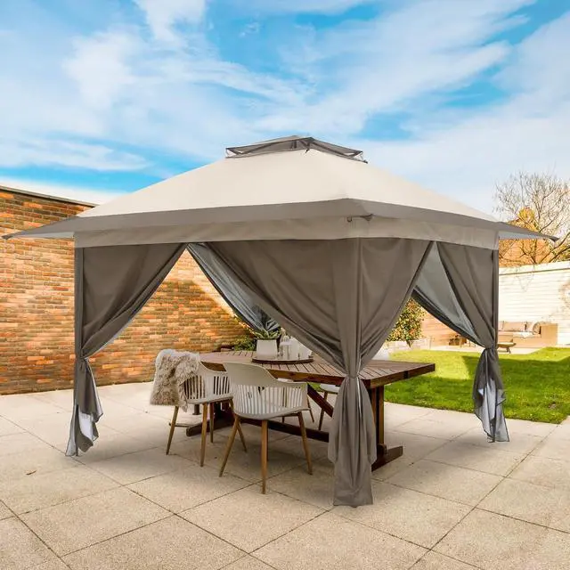 Alt view image 5 of 7 - 13x13 Pop Up Gazebo with 4 Wall Panels, Easy Up Canopy for Patio and Backyard, Easy Set up Outdoor Gazebo (Beige/Brown)