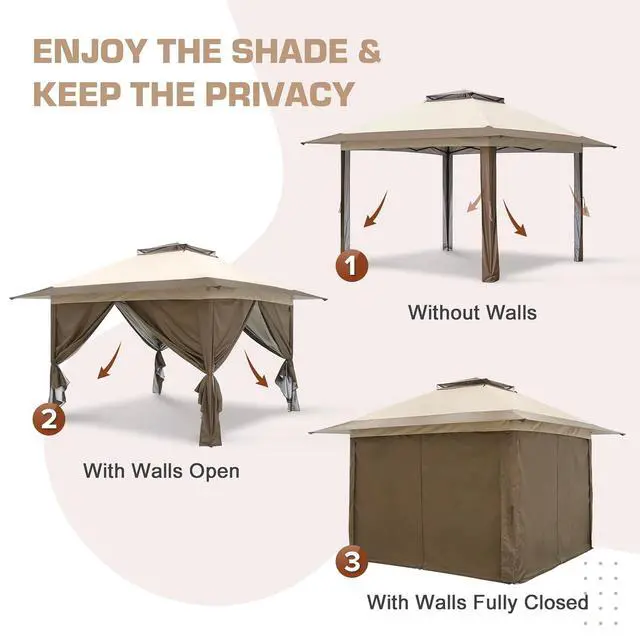 Alt view image 7 of 7 - 13x13 Pop Up Gazebo with 4 Wall Panels, Easy Up Canopy for Patio and Backyard, Easy Set up Outdoor Gazebo (Beige/Brown)