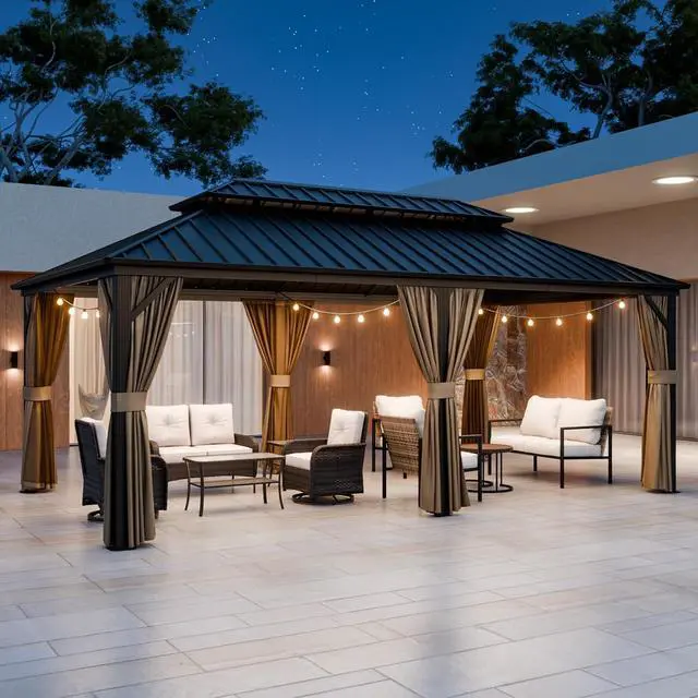 Alt view image 7 of 7 - 12x20 Hardtop Gazebo, Galvanized Steel Double Roof with Aluminum Frame, Outdoor Pavilion with Netting and Curtains for Patio, Deck, Lawn and Garden, Dark Brown/Tan