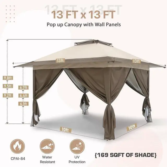 Alt view image 6 of 7 - 13x13 Pop Up Gazebo with 4 Wall Panels, Easy Up Canopy for Patio and Backyard, Easy Set up Outdoor Gazebo (Beige/Brown)