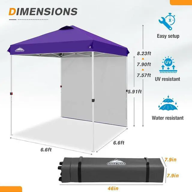Alt view image 3 of 7 - Commercial Canopy 6.6x6.6 Pop Up Canopy Tent with 1 Sidewall, Easy Setup Heavy Duty Instant Event Shelter for Vendors & Markets, Outdoor Sun Shade, Purple