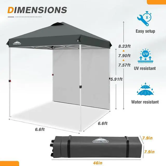 Alt view image 3 of 7 - Commercial Canopy 6.6x6.6 Pop Up Canopy Tent with 1 Sidewall, Easy Setup Heavy Duty Instant Event Shelter for Vendors & Markets, Outdoor Sun Shade, Gray