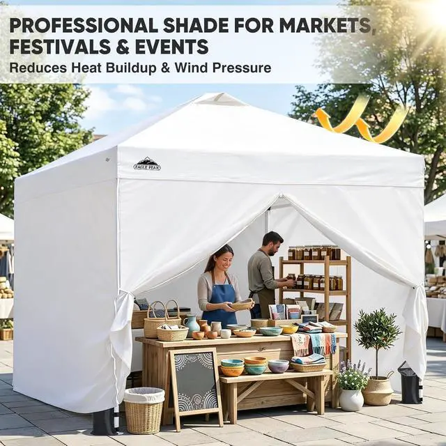 Alt view image 4 of 7 - 10x10 Commercial Pop Up Canopy Tent, White | 4 Sidewalls, Anti-Pooling Umbrella-Rib Roof, Easy 1-Person Setup, Vented Top, Wheeled Bag & Anchor Kit